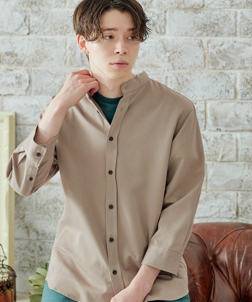 MONO-MART（モノマート）の「T/R ストレッチ バンドカラーシャツ(3/4 sleeve)（シャツ/ブラウス・メンズ・オリーブ/ベージュ/ブラック/ライトグレー/ブルーグリーン/ネイビー/チャコール/オフホワイト/インディゴブルー/ライトベージュ/サックスブルー/ストライプ・L/M）」の5枚目の写真