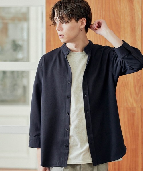 MONO-MART（モノマート）の「T/R ストレッチ バンドカラーシャツ(3/4 sleeve)（シャツ/ブラウス・メンズ・オリーブ/ベージュ/ブラック/ライトグレー/ブルーグリーン/ネイビー/チャコール/オフホワイト/インディゴブルー/ライトベージュ/サックスブルー/ストライプ・L/M）」の8枚目の写真