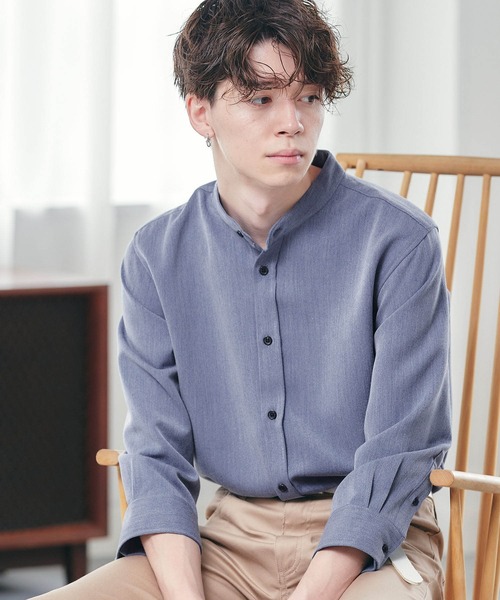 MONO-MART（モノマート）の「T/R ストレッチ バンドカラーシャツ(3/4 sleeve)（シャツ/ブラウス・メンズ・オリーブ/ベージュ/ブラック/ライトグレー/ブルーグリーン/ネイビー/チャコール/オフホワイト/インディゴブルー/ライトベージュ/サックスブルー/ストライプ・L/M）」の10枚目の写真