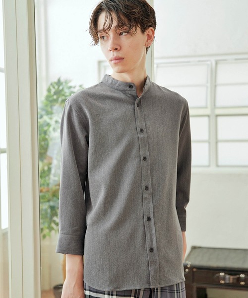 MONO-MART（モノマート）の「T/R ストレッチ バンドカラーシャツ(3/4 sleeve)（シャツ/ブラウス・メンズ・オリーブ/ベージュ/ブラック/ライトグレー/ブルーグリーン/ネイビー/チャコール/オフホワイト/インディゴブルー/ライトベージュ/サックスブルー/ストライプ・L/M）」の4枚目の写真