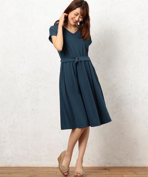 green label relaxing（グリーンレーベルリラクシング）の「CR スムース ウエストベルト ワンピース ◆（ワンピース・レディース・マスタード/ロイヤルブルー・FREE）」の1枚目の写真