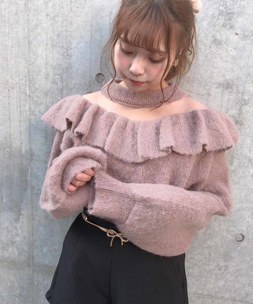 one after another NICE CLAUP(ワンアフターアナザーナイスクラップ)の「オーガン切替えフリルニット(ニット/セーター・レディース・ブラック/モカ/ピンク系その他/ライトベージュ・FREE)」の9枚目の写真