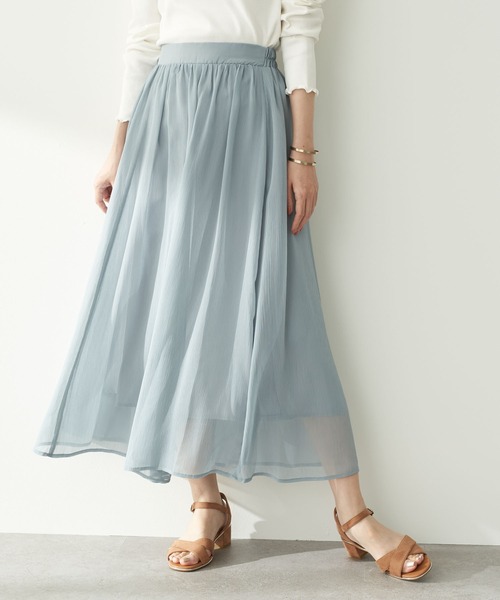 earth music&ecology（アースミュージックアンドエコロジー）の「楊柳シフォンギャザースカート ＊（スカート・レディース・ベージュ/サックスブルー/ピンク/モカ・FREE）」の4枚目の写真