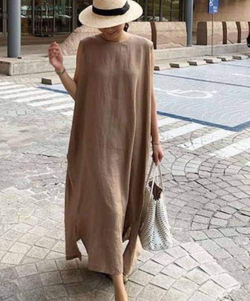 meJane(ミージェーン)の「マキシ丈麻ライクロングワンピース(ワンピース・レディース・ブラック/モカ/ナチュラル・FREE)」の3枚目の写真