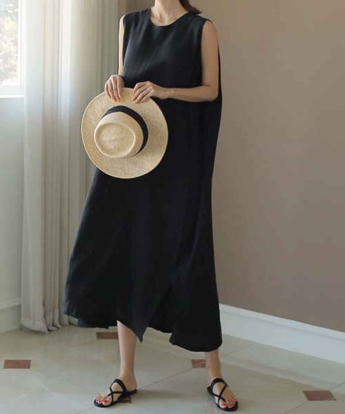 meJane(ミージェーン)の「マキシ丈麻ライクロングワンピース(ワンピース・レディース・ブラック/モカ/ナチュラル・FREE)」の4枚目の写真