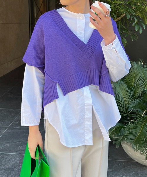 StyleSea(スタイルシー)の「リネンタッチVネックニットベスト(ベスト・レディース・ブラック/パープル/グリーン/アイボリー・MEDIUM)」の1枚目の写真