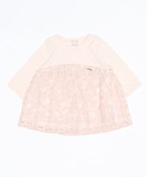 petit main | 花刺しゅうチュールドッキング６分袖Tシャツ(Tシャツ/カットソー)