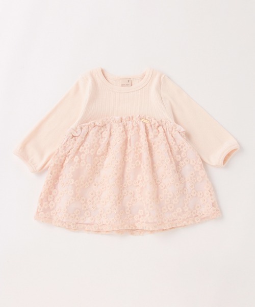 petit main(プティマイン)の「花刺しゅうチュールドッキング6分袖Tシャツ(Tシャツ/カットソー・キッズ・ライトピンク/ブルーグリーン/オフホワイト・120cm/80cm/130cm/110cm/90cm/100cm)」の3枚目の写真