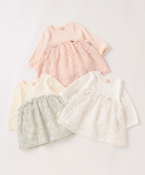 petit main(プティマイン)の「花刺しゅうチュールドッキング6分袖Tシャツ(Tシャツ/カットソー・キッズ・ライトピンク/ブルーグリーン/オフホワイト・120cm/80cm/130cm/110cm/90cm/100cm)」の13枚目の写真