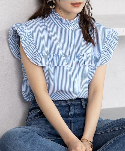 GeeRA（ジーラ）の「フリルデザインフレンチスリーブブラウス（シャツ/ブラウス・レディース・ネイビー/オフホワイト/ブルー・MEDIUM/LARGE/X-LARGE/XX-LARGE）」の3枚目の写真