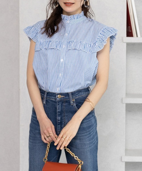 GeeRA（ジーラ）の「フリルデザインフレンチスリーブブラウス（シャツ/ブラウス・レディース・ネイビー/オフホワイト/ブルー・MEDIUM/LARGE/X-LARGE/XX-LARGE）」の19枚目の写真