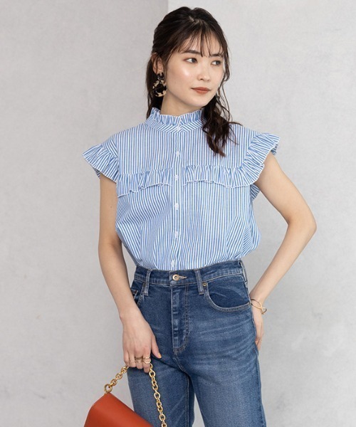 GeeRA（ジーラ）の「フリルデザインフレンチスリーブブラウス（シャツ/ブラウス・レディース・ネイビー/オフホワイト/ブルー・MEDIUM/LARGE/X-LARGE/XX-LARGE）」の18枚目の写真