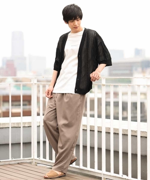 a.v.v（アーヴェヴェ）の「【2SET/ドライタッチ】透かし編みワイドカーディガン（カットソー付き）（カーディガン/ボレロ・メンズ・モカ/グリーン/ブラック・48/50/46）」の4枚目の写真