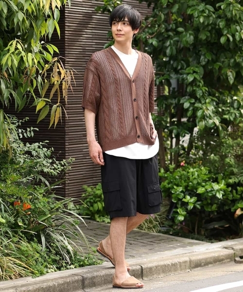 a.v.v（アーヴェヴェ）の「【2SET/ドライタッチ】透かし編みワイドカーディガン（カットソー付き）（カーディガン/ボレロ・メンズ・モカ/グリーン/ブラック・48/50/46）」の8枚目の写真