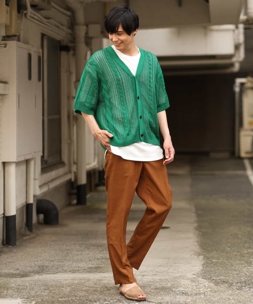 a.v.v（アーヴェヴェ）の「【2SET/ドライタッチ】透かし編みワイドカーディガン（カットソー付き）（カーディガン/ボレロ・メンズ・モカ/グリーン/ブラック・48/50/46）」の11枚目の写真