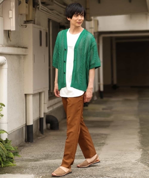 a.v.v（アーヴェヴェ）の「【2SET/ドライタッチ】透かし編みワイドカーディガン（カットソー付き）（カーディガン/ボレロ・メンズ・モカ/グリーン/ブラック・48/50/46）」の12枚目の写真