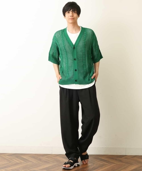 a.v.v（アーヴェヴェ）の「【2SET/ドライタッチ】透かし編みワイドカーディガン（カットソー付き）（カーディガン/ボレロ・メンズ・モカ/グリーン/ブラック・48/50/46）」の15枚目の写真