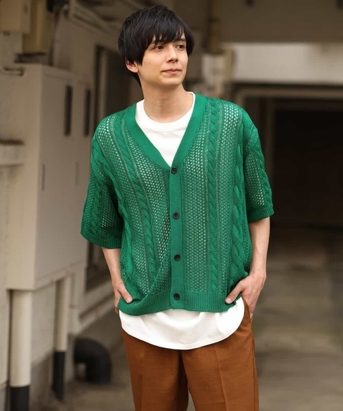 a.v.v（アーヴェヴェ）の「【2SET/ドライタッチ】透かし編みワイドカーディガン（カットソー付き）（カーディガン/ボレロ・メンズ・モカ/グリーン/ブラック・48/50/46）」の17枚目の写真