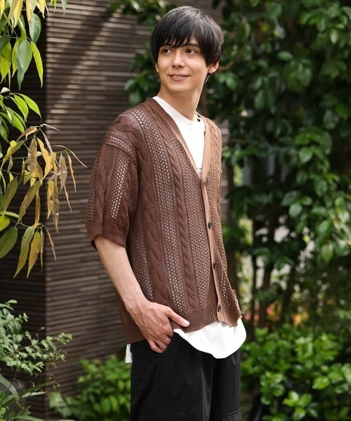 a.v.v（アーヴェヴェ）の「【2SET/ドライタッチ】透かし編みワイドカーディガン（カットソー付き）（カーディガン/ボレロ・メンズ・モカ/グリーン/ブラック・48/50/46）」の21枚目の写真