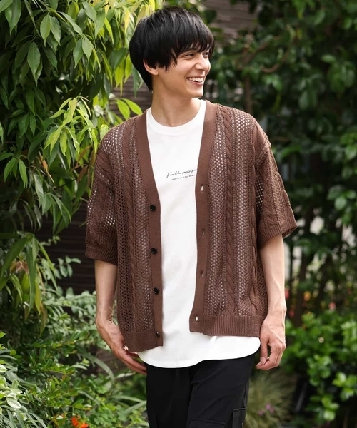 a.v.v（アーヴェヴェ）の「【2SET/ドライタッチ】透かし編みワイドカーディガン（カットソー付き）（カーディガン/ボレロ・メンズ・モカ/グリーン/ブラック・48/50/46）」の22枚目の写真