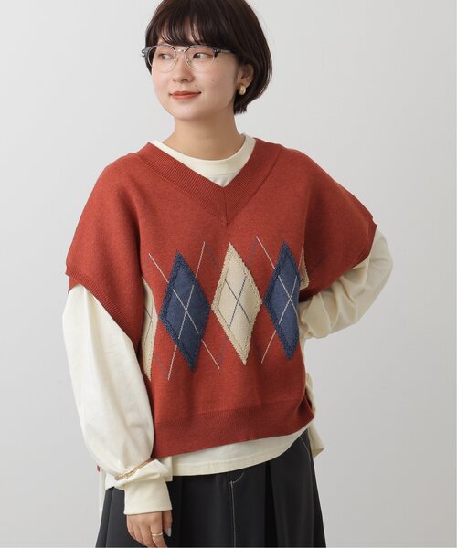 DOUBLE NAME（ダブルネーム）の「アーガイルニットベスト（ニット/セーター・レディース・ネイビー/オレンジ/ブラウン/キナリ・FREE）」の17枚目の写真