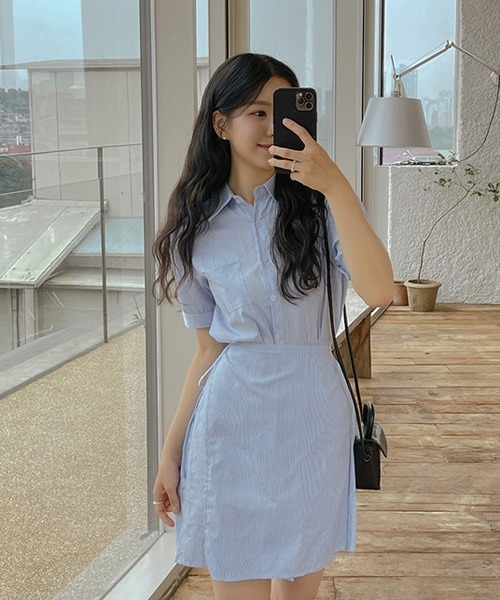 SONA（ソナ）の「SONYUNARA リネンストライプラップ半袖ミニワンピース（ワンピース・レディース・スカイブルー/ネイビー・FREE）」の8枚目の写真
