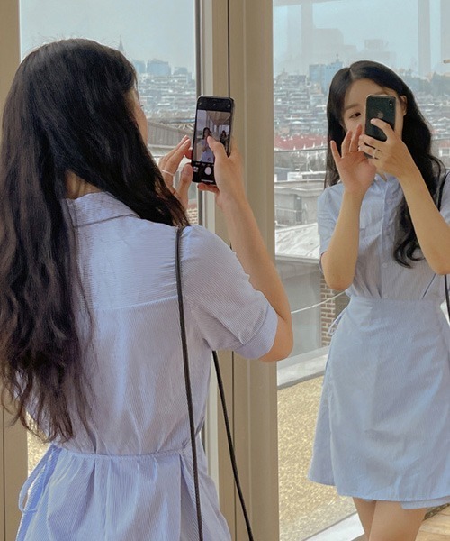 SONA（ソナ）の「SONYUNARA リネンストライプラップ半袖ミニワンピース（ワンピース・レディース・スカイブルー/ネイビー・FREE）」の12枚目の写真