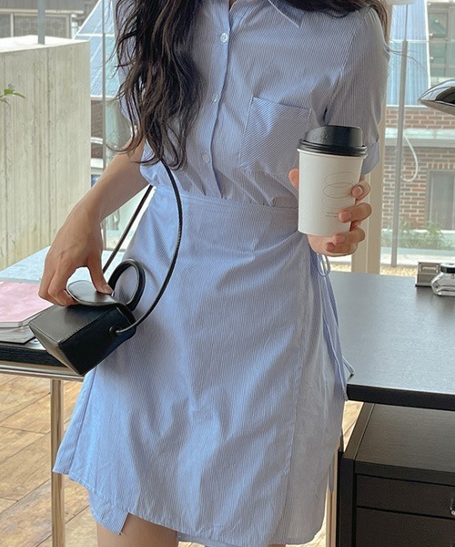 SONA（ソナ）の「SONYUNARA リネンストライプラップ半袖ミニワンピース（ワンピース・レディース・スカイブルー/ネイビー・FREE）」の4枚目の写真