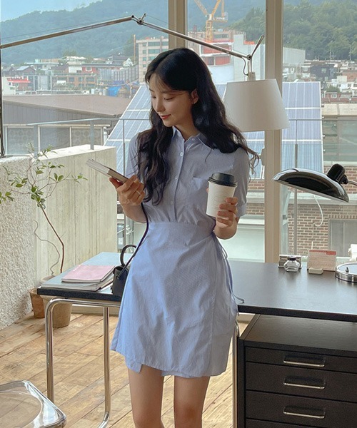 SONA（ソナ）の「SONYUNARA リネンストライプラップ半袖ミニワンピース（ワンピース・レディース・スカイブルー/ネイビー・FREE）」の19枚目の写真