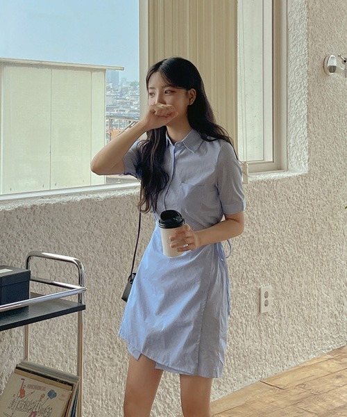 SONA（ソナ）の「SONYUNARA リネンストライプラップ半袖ミニワンピース（ワンピース・レディース・スカイブルー/ネイビー・FREE）」の11枚目の写真