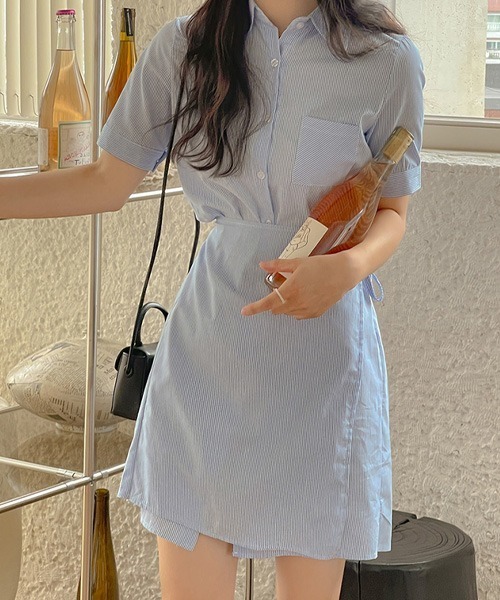 SONA（ソナ）の「SONYUNARA リネンストライプラップ半袖ミニワンピース（ワンピース・レディース・スカイブルー/ネイビー・FREE）」の17枚目の写真