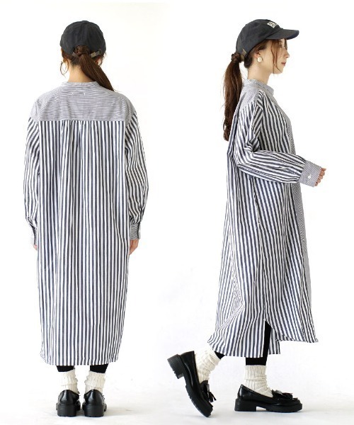 e-zakkamania stores(イーザッカマニアストアーズ)の「ストライプ切替 ノーカラー シャツワンピース(シャツワンピース・レディース・ストライプ・フリー)」の6枚目の写真