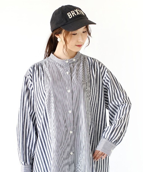 e-zakkamania stores(イーザッカマニアストアーズ)の「ストライプ切替 ノーカラー シャツワンピース(シャツワンピース・レディース・ストライプ・フリー)」の11枚目の写真