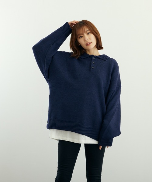 VIBGYOR(ヴィブジョー)の「A/TBIGポロ(BL)(ニット/セーター・メンズ・グレイッシュベージュ/ブルーグレー/ベージュ/ネイビー/チャコールグレー/ブラック・LARGE/MEDIUM)」の6枚目の写真