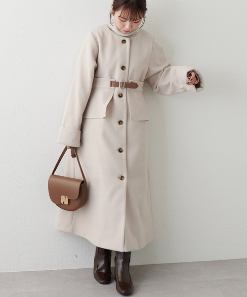 natural couture（ナチュラルクチュール）の「プチナチュ コルセット付きノーカラーコート（ノーカラーコート・レディース・アイボリー/ブラウン・X-SMALL/SMALL）」の10枚目の写真