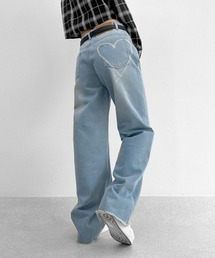 【LVEU.】ハートペイントデニム / パンツ デニム レギュラー ワイド ルーズ インディゴ 色落ち ハート ペイント ハイウエスト 美脚 水色 ブルー ZOZOTOWN限定