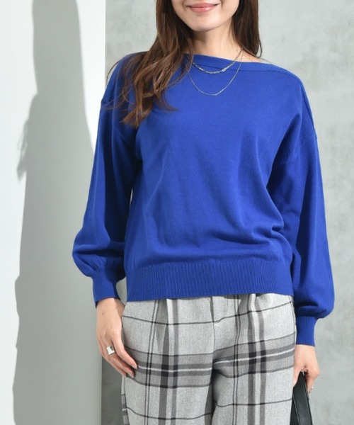 INTERPLANET（インタープラネット）の「ボートネック配色袖ボリュームニット（ニット/セーター・レディース・ブラック/グレー/ブルー/ベージュ/イエロー・FREE）」の4枚目の写真