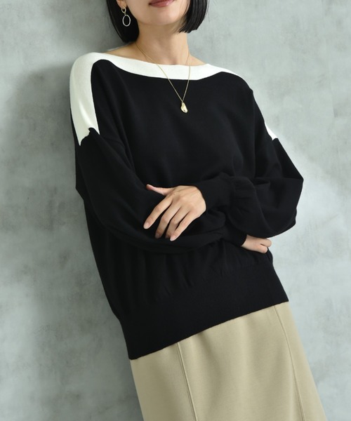 INTERPLANET（インタープラネット）の「ボートネック配色袖ボリュームニット（ニット/セーター・レディース・ブラック/グレー/ブルー/ベージュ/イエロー・FREE）」の9枚目の写真