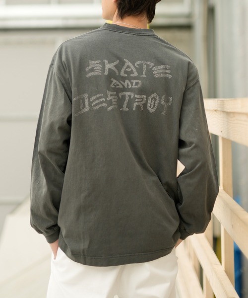 THRASHER（スラッシャー）の「【ムラサキスポーツ別注】THRASHER/スラッシャー ロンT/長袖 フロントカスレプリント ビックシルエット ヴィンテージライク ピグメント染LSTシャツ 23MS-PLS2（Tシャツ/カットソー・メンズ・ブラック×ブルー/ブラック×パープル/ブラック×レッド/ブラック×イエロー・XL/M/L）」の20枚目の写真