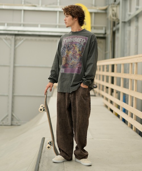 THRASHER（スラッシャー）の「【ムラサキスポーツ別注】THRASHER/スラッシャー ロンT/長袖 フロントカスレプリント ビックシルエット ヴィンテージライク ピグメント染LSTシャツ 23MS-PLS2（Tシャツ/カットソー・メンズ・ブラック×ブルー/ブラック×パープル/ブラック×レッド/ブラック×イエロー・XL/M/L）」の7枚目の写真