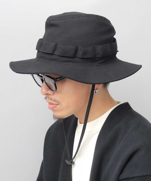 Mr.COVER（ミスターカバー）の「ロングブリム（つば広） ツイル サファリ ストロー アドベンチャーハット（ハット・メンズ・ブラック・FREE）」の2枚目の写真