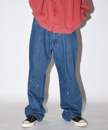 ウォッシュ加工センタープレス ルーズデニムパンツ(ユニセックス)Washed flared denim tuck trousers