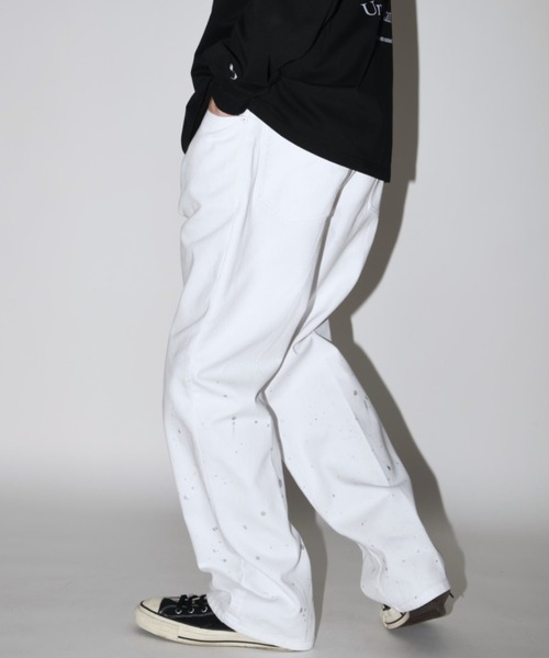 SUPERTHANKS(スーパーサンクス)の「ウォッシュ加工センタープレス ルーズデニムパンツ(ユニセックス)Washed flared denim tuck trousers(デニムパンツ・メンズ・ブルー/ホワイト/ブラック・S/M/L)」の16枚目の写真