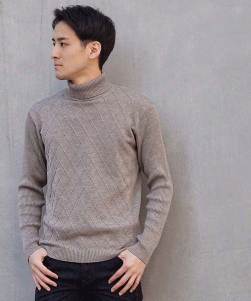 HIDEAWAYS NICOLE（ハイダウェイニコル）の「アーガイルJQ×リブ編みタートルネックニット（ニット/セーター・メンズ・ブラック/オフホワイト/ボルドー/モカ・MEDIUM/LARGE/X-LARGE）」の15枚目の写真