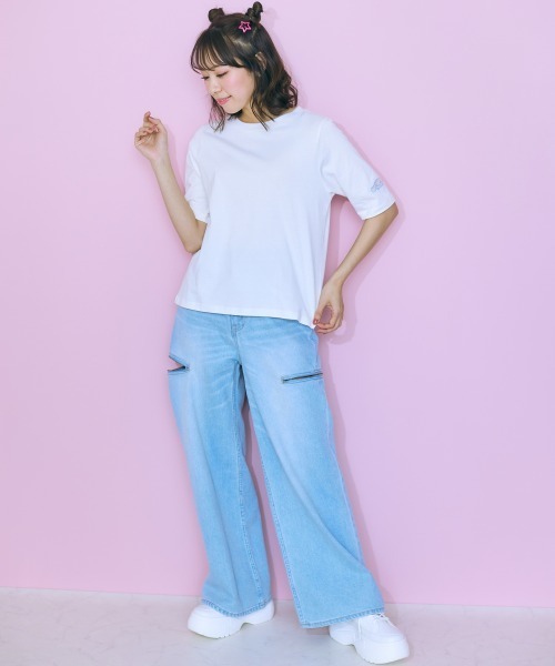 marun（マルン）の「＜大きいサイズ＞ サイドスリットワイドパンツ marun（デニムパンツ・レディース・オフホワイト/ライトブルー・88/98/106/92/122/80/114/96/84）」の19枚目の写真