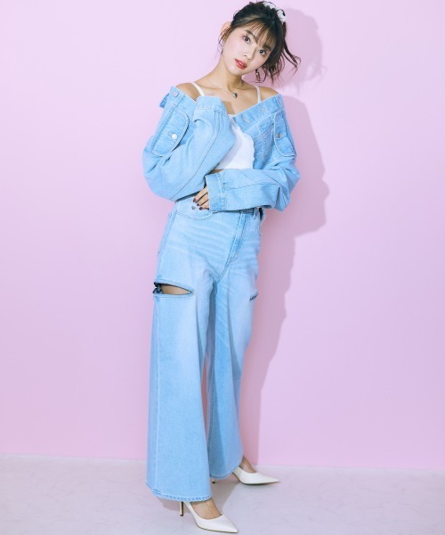 marun（マルン）の「＜大きいサイズ＞ サイドスリットワイドパンツ marun（デニムパンツ・レディース・オフホワイト/ライトブルー・88/98/106/92/122/80/114/96/84）」の11枚目の写真