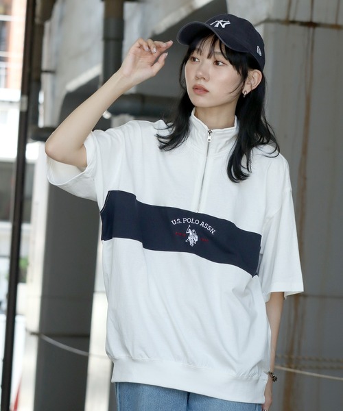U.S. POLO ASSN.(ユーエスポロアッスン)の「【U.S. POLO ASSN./ユーエスポロアッスン】ロゴ刺繍 配色切り替え 半袖ハーフジッププルオーバー(Tシャツ/カットソー・メンズ・ホワイト/ネイビー/ブラック/杢グレー・M/L/LL)」の2枚目の写真
