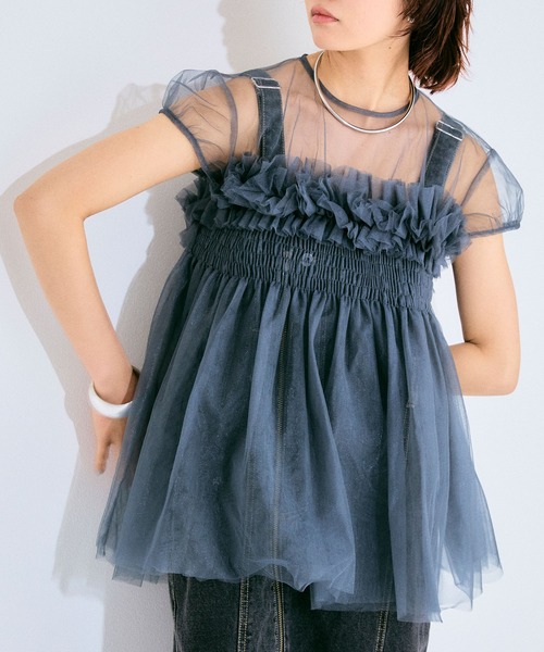 ELLEgirl（エルガール）の「チュールフリルパフチュニック【ELLEgirl/エル ガール】（その他トップス・レディース・ピンク/アイボリー/チャコールグレー・FREE）」の4枚目の写真