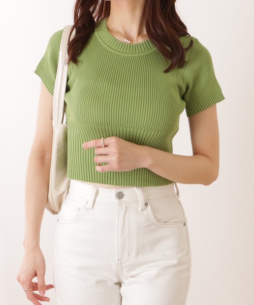 Lace Ladies(レースレディース)の「ソリッドカラー 切替 リブ 半袖 クルーネック コンパクト ニット(ニット/セーター・レディース・ブルー/ブラック/ホワイト/グリーン・FREE)」の3枚目の写真