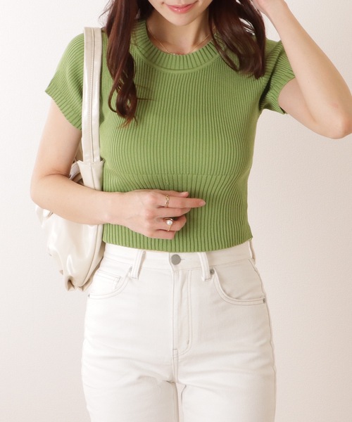 Lace Ladies(レースレディース)の「ソリッドカラー 切替 リブ 半袖 クルーネック コンパクト ニット(ニット/セーター・レディース・ブルー/ブラック/ホワイト/グリーン・FREE)」の12枚目の写真